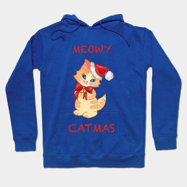 Cute orange stripped tabby kitty Kawaii Meowy christmas wearing a Santa hat. Hoodie by Peaceful Pigments